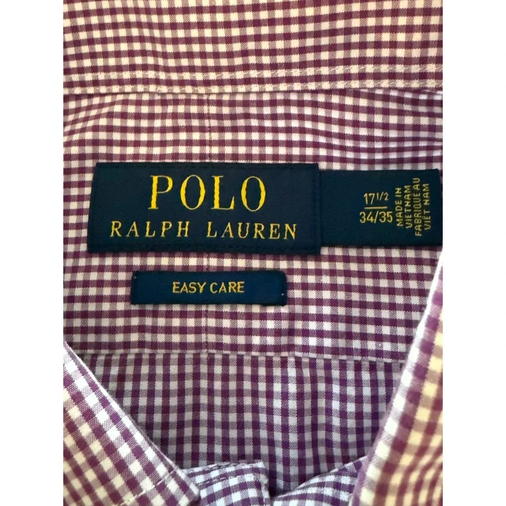 Polo Ralph Lauren Shirt Mens 17.5 34/35 Purple Gingham L/S pony on bottom